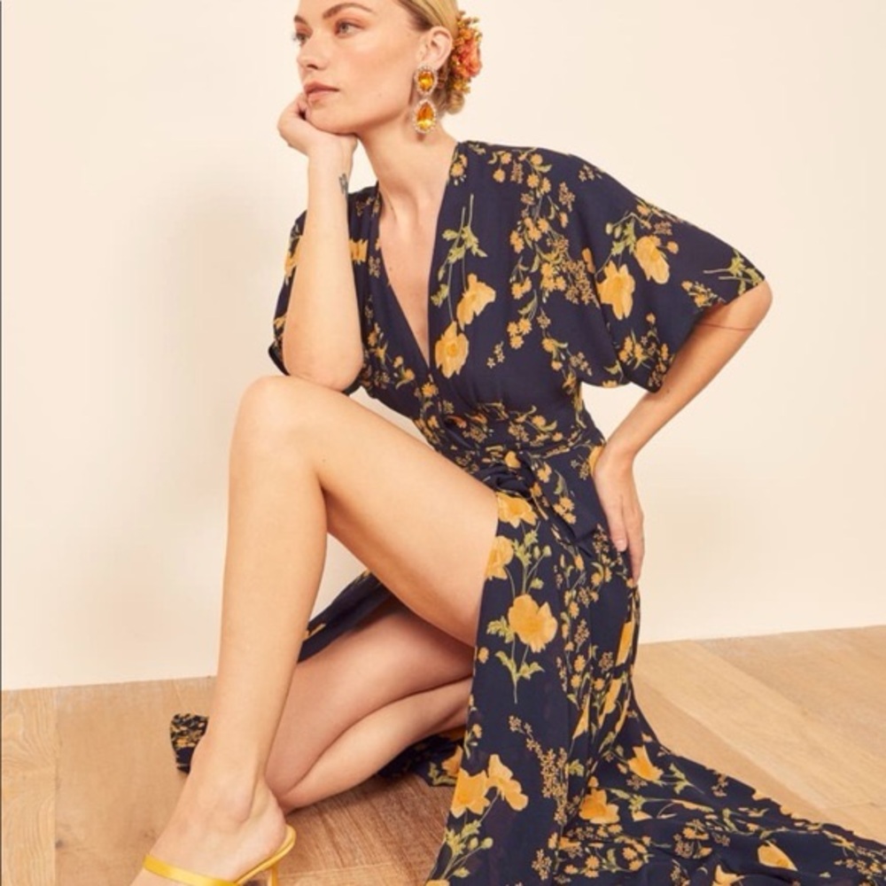 Reformation Winslow Navy Wrap Dress with Yellow Floral Design